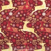 Stonehenge - Reindeer Prance Metallic Red Deer Yardage