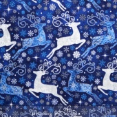 Stonehenge - Reindeer Prance Metallic  Blue Deer Yardage