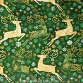 Stonehenge - Reindeer Prance Metallic Green Deer Yardage