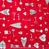 Key to my Heart - Spaced Keys & Hearts Red Yardage